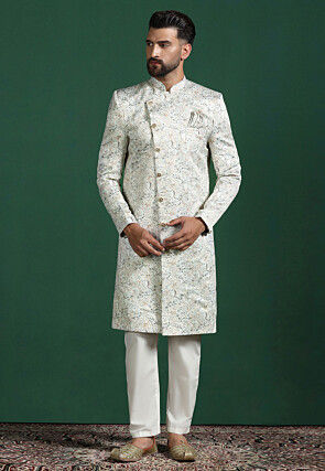 Digital Printed Cotton Satin Sherwani in Cream
