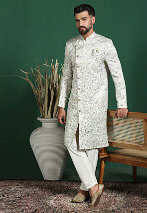 Digital Printed Cotton Satin Sherwani in Cream
