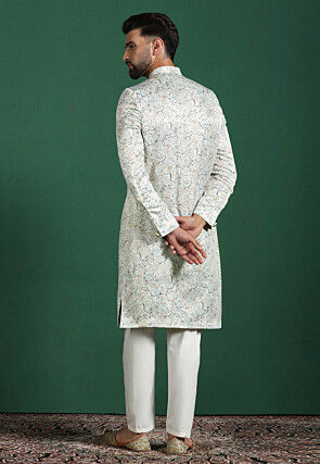 Digital Printed Cotton Satin Sherwani in Cream