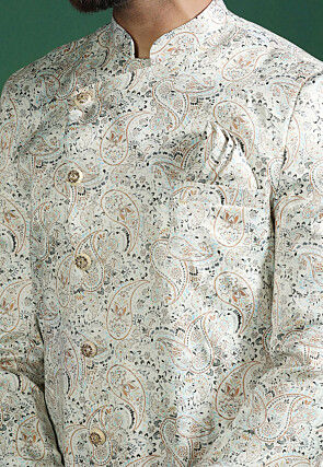 Digital Printed Cotton Satin Sherwani in Cream