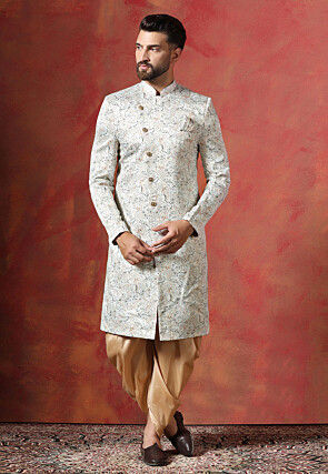 Digital Printed Cotton Satin Sherwani in Cream