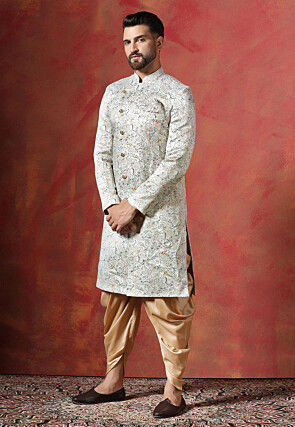 Digital Printed Cotton Satin Sherwani in Cream