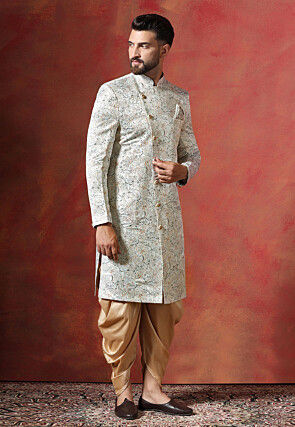 Digital Printed Cotton Satin Sherwani in Cream