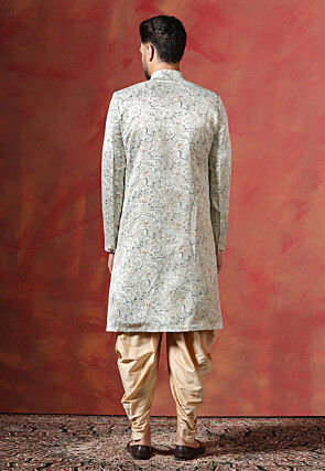 Digital Printed Cotton Satin Sherwani in Cream