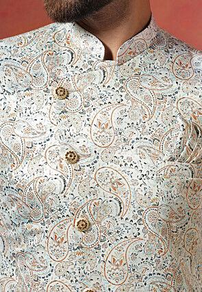 Digital Printed Cotton Satin Sherwani in Cream