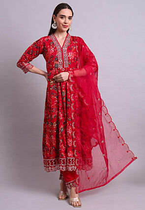 Digital Printed Cotton Scalloped A Line Suit in Red