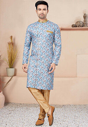 Digital Printed Cotton Sherwani in Blue