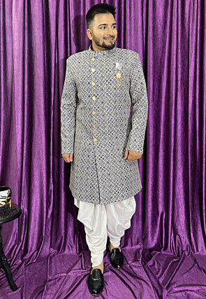 Digital Printed Cotton Sherwani in Grey