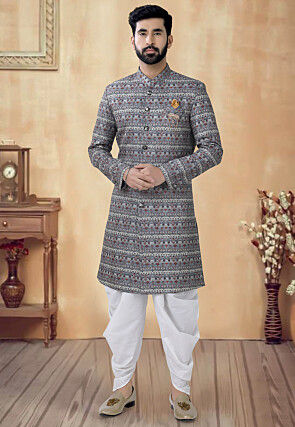Digital Printed Cotton Sherwani in Grey
