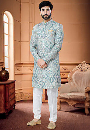 Digital Printed Cotton Sherwani in Light Blue and Multicolor