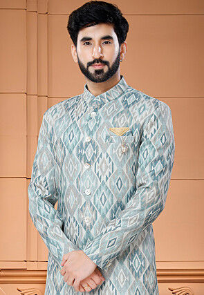 Digital Printed Cotton Sherwani in Light Blue and Multicolor