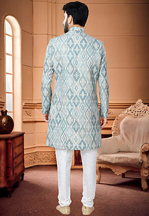 Digital Printed Cotton Sherwani in Light Blue and Multicolor