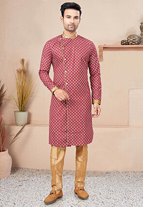 Digital Printed Cotton Sherwani in Maroon