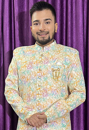 Digital Printed Cotton Sherwani in Multicolor