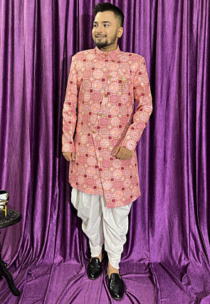 Digital Printed Cotton Sherwani in Peach