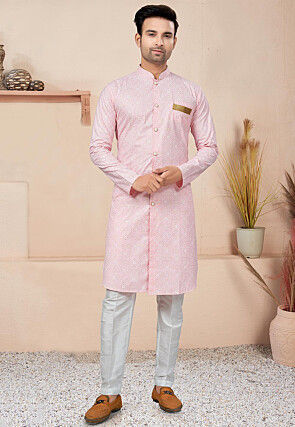 Digital Printed Cotton Sherwani in Pink