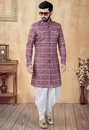 Digital Printed Cotton Sherwani in Purple