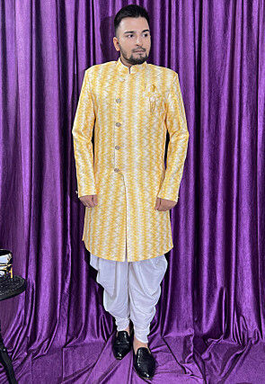 Digital Printed Cotton Sherwani in Yellow