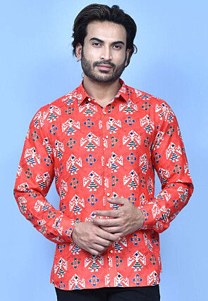 Digital Printed Cotton Shirt in Coral Red
