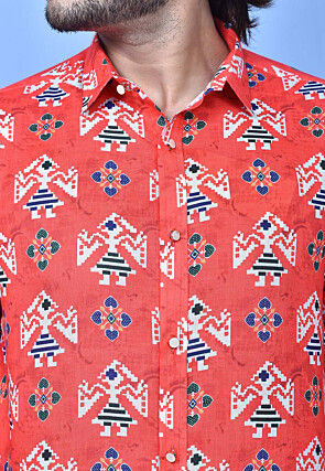 Digital Printed Cotton Shirt in Coral Red