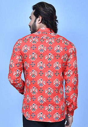 Digital Printed Cotton Shirt in Coral Red