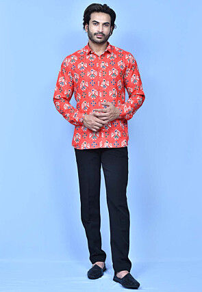 Digital Printed Cotton Shirt in Coral Red