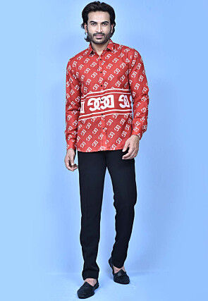 Digital Printed Cotton Shirt in Red