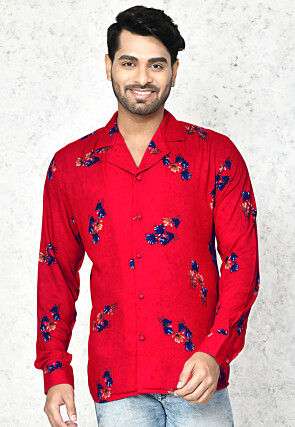 Digital Printed Cotton Shirt in Red