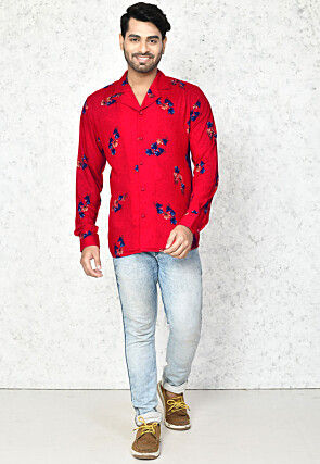 Digital Printed Cotton Shirt in Red