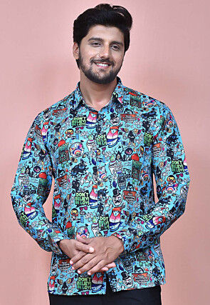 Digital Printed Cotton Shirt in Sky Blue