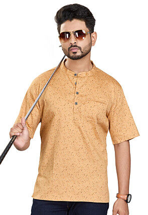 Digital Printed Cotton Short Kurta in Beige