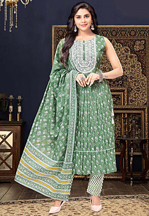 Digital Printed Cotton Silk A Line Suit in Green