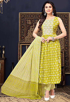 Digital Printed Cotton Silk A Line Suit in Olive Green