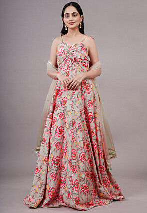 Digital Printed Cotton Silk Abaya Style Suit in Peach