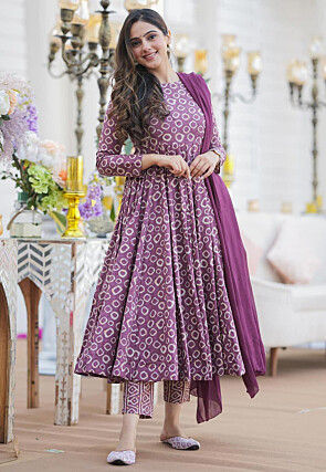 Digital Printed Cotton Silk Aline Suit in Purple