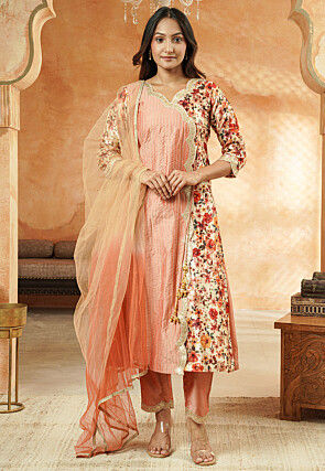 Printed Art Silk Pakistani Suit in Peach and Multicolor