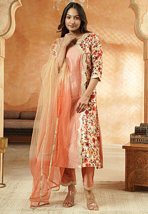 Printed Art Silk Pakistani Suit in Peach and Multicolor