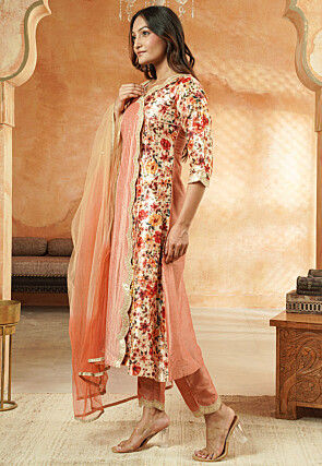 Printed Art Silk Pakistani Suit in Peach and Multicolor