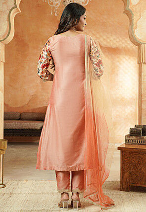 Printed Art Silk Pakistani Suit in Peach and Multicolor