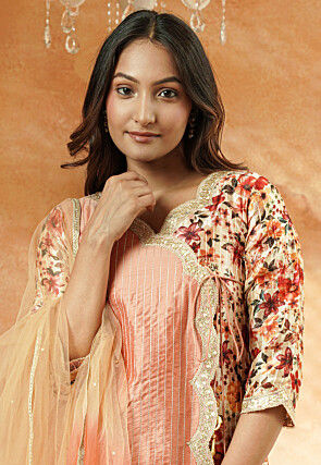Printed Art Silk Pakistani Suit in Peach and Multicolor