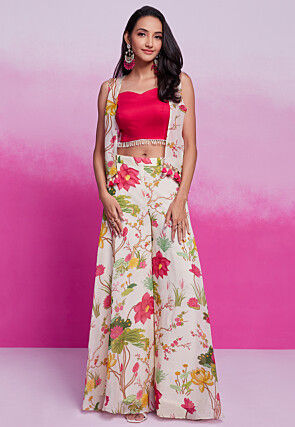 Digital Printed Cotton Silk Crop Top Set in Pink