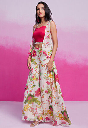 Digital Printed Cotton Silk Crop Top Set in Pink