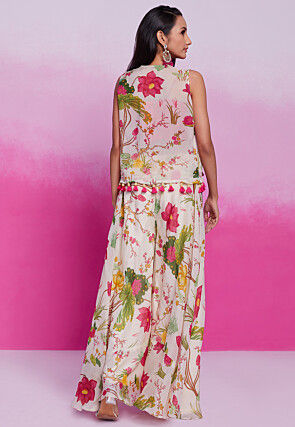 Digital Printed Cotton Silk Crop Top Set in Pink