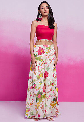 Digital Printed Cotton Silk Crop Top Set in Pink