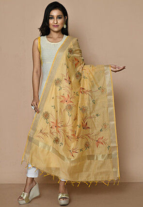 Digital Printed Cotton Silk Dupatta From Banaras in Beige
