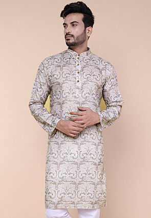 Digital Printed Cotton Silk Kurta in Beige