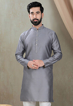 Digital Printed Cotton Silk Kurta in Grey