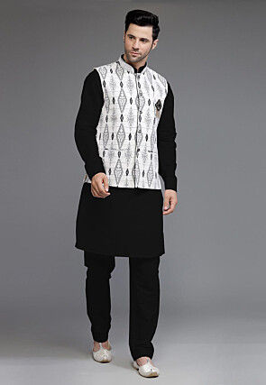 Digital Printed Cotton Silk Kurta Set in Black
