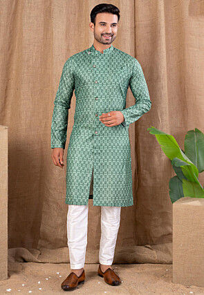 Digital Printed Cotton Silk Kurta Set in Green