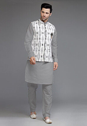 Digital Printed Cotton Silk Kurta Set in Grey